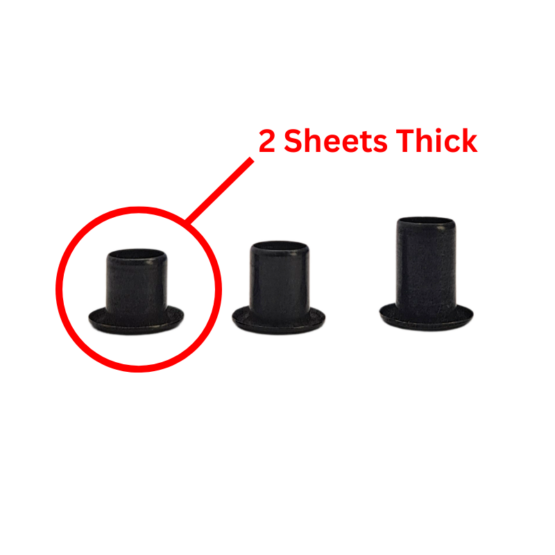 Kydex Eyelets showing 3 sizes available. Pointing to 2 sheet thickness eyelet