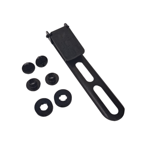 Military grade black oxide ulticlip slim 3.3 measuring 83.82 mm (3.3″) x 15.24 mm (0.60″) with mounting hardware.