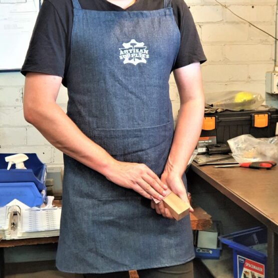 model wearing an Artisan Supplies Denim Apron
