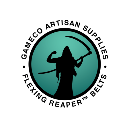 Turquoise coloured reaper titanium belts circle-shaped logo with a black grim reaper in the middle flexing