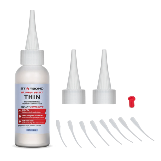 one bottle of Starbond super fast thin CA glue 2 oz (60ml), two applicator caps, one clog-free stopper and eight micro-tips