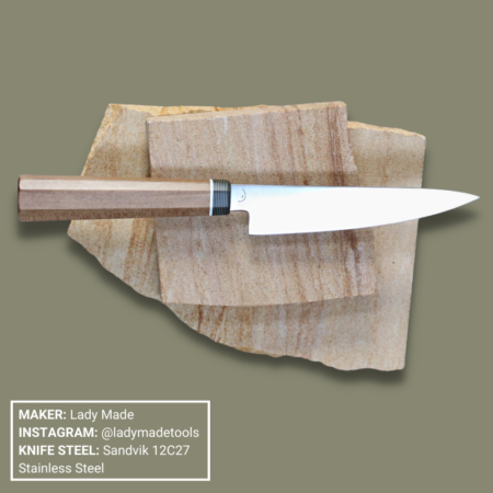 Convex grind Sandvik 12C27 stainless steel kitchen utility with stabilised salvaged Tasmanian Sassafras timber handle and G10 spacer and bolster. Knife by Lady Made.