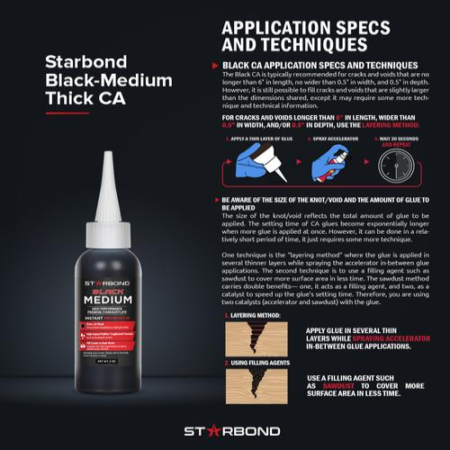 Starbond black medium CA glue - 2 oz (60 ml) application specs and techniques