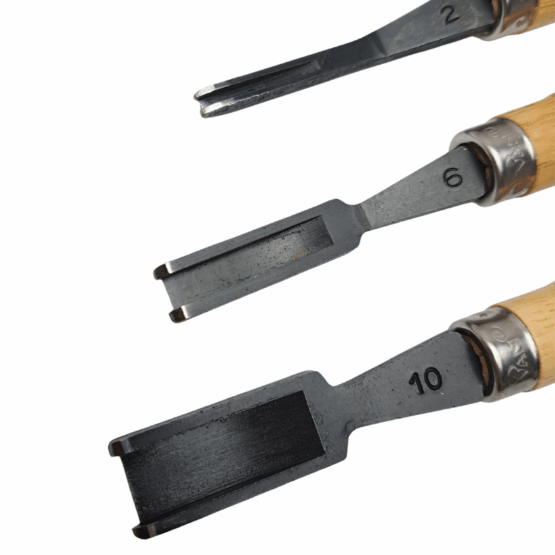 Close up of French Edge Skiving Tool. Available in 3 sizes - 2.5mm (3/32"), 6.5mm (1/4"), and 12.5mm (1/2")