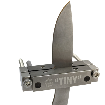 Artisan Supplies Tiny Large Carbide File Guide clamped to hunter knife blank.