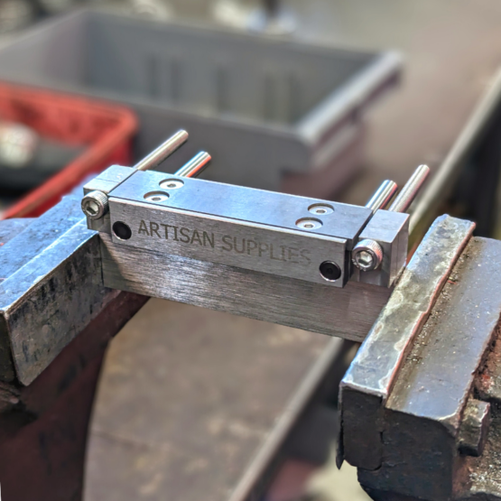 Artisan Supplies File Guide mounted in a bench vice using the Artisan Supplies File Guide Vice Mount.