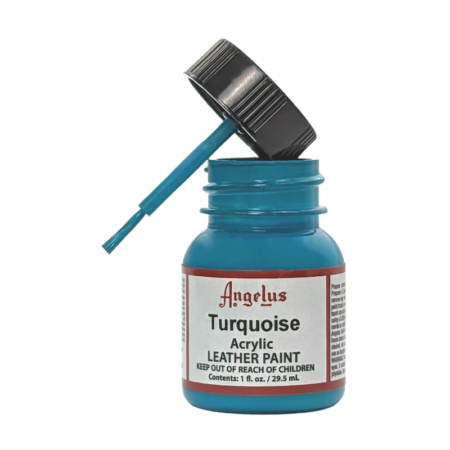 Turquoise Angelus Leather Acrylic Paints 1fl. oz. (29ml) with cap brush, used to paint on leather sneakers, jackets, boots, purses, and more.