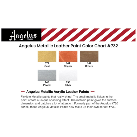 Angelus Leather Metallic Acrylic Paints Chart, showing all colours in range
