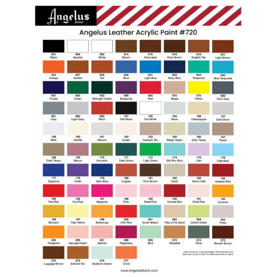 Angelus Leather Acrylic Paints Chart, showing all colours in range