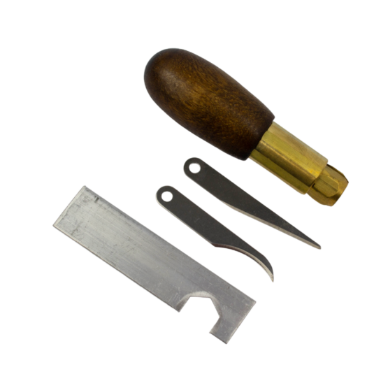 Full kit of Weaver Leather Supply Craftsman Trimming Knife, including both curved and straight blade and spanner to tighten ferrule.