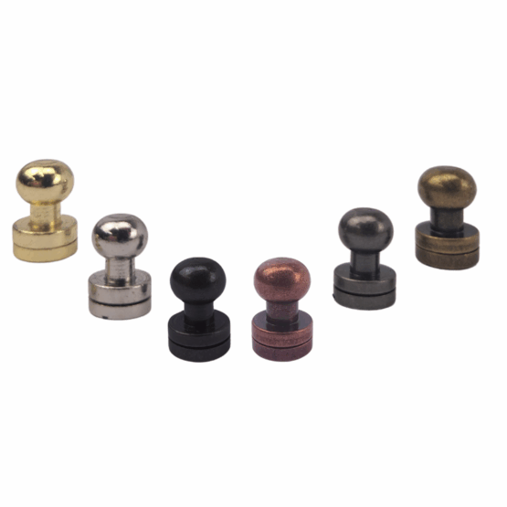 Solid Brass Button Studs (Sam Browne) 7mm (9/32"). From left to right - brass, nickel, antique nickel, antique brass, antique copper, and matte black.