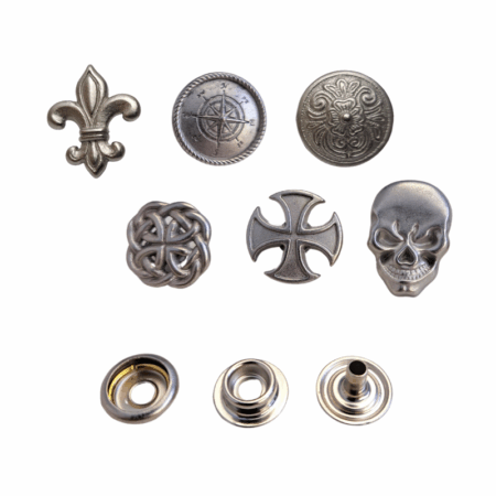 Themed Cap Line 24 Snaps (Press Studs). Available in 6 designs - Fleur-de-Lis, Diablo, Celtic, Biker Cross, Skull and Compass