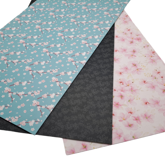 Kydex Sheet 2mm (0.08″) x 300mm x 600mm Cherry Blossoms. Designs include colours of Black, White with Pink and Tiffany Blue.