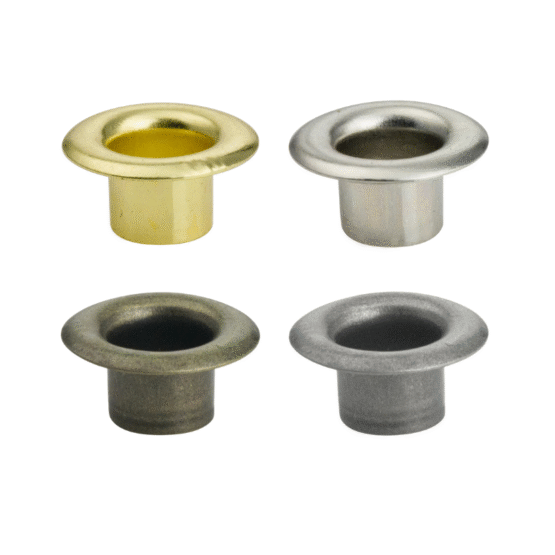 1/4" Eyelets 100 Pack. Available in 4 Finishes: Brass, Nickel, Antique Brass, and Antique Nickel
