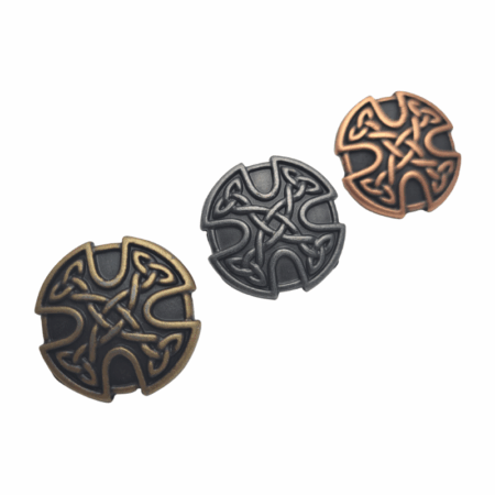 Celtic Knot Conchos 25mm. Screw Back design, with 3 Finishes available: Antique Brass, Antique Nickel, and Antique Copper.