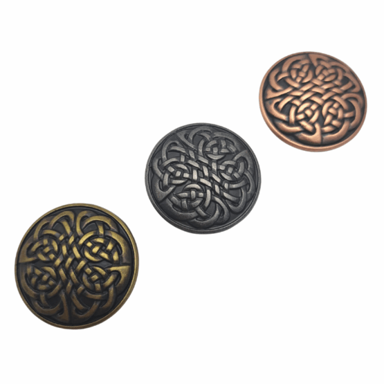 Celtic Knot Conchos 30mm. Screw Back design, with 3 Finishes available: Antique Brass, Antique Nickel, and Antique Copper.