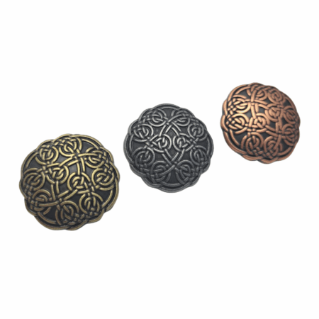 Dara Knot Conchos 30mm. Screw Back design, with 3 Finishes available: Antique Brass, Antique Nickel, and Antique Copper.