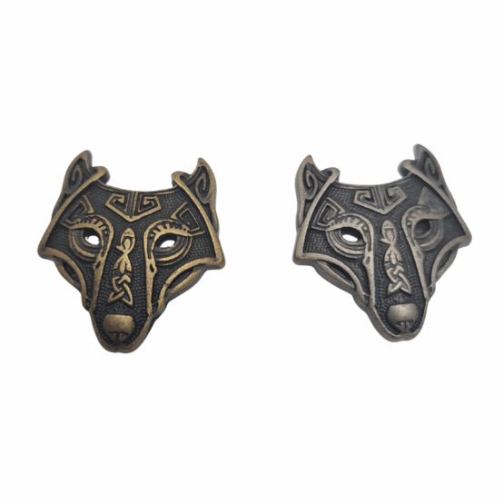 Viking Wolf Conchos. Screw Back design, with 2 Finishes available: Antique Brass and Antique Nickel.