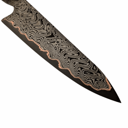 Example of Kalderum Blades San Mai Damascus Steel Bar with Apex Ultra core, damascus cladding, and copper shim.