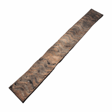 Kalderum Blades San Mai Coppermascus/Damascus Steel Bar with "Flames" Pattern *K002. 105WCr6 (1.2419, Tungsten Alloyed) and 75ni8 Damascus core, and a low layer coppermascus cladding in a "flames" pattern.