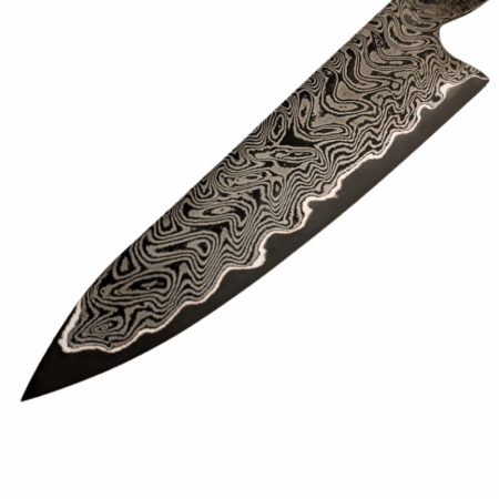 Example of Kalderum Blades San Mai Damascus Steel Bar with Apex Ultra core, damascus cladding, and nickel shim.