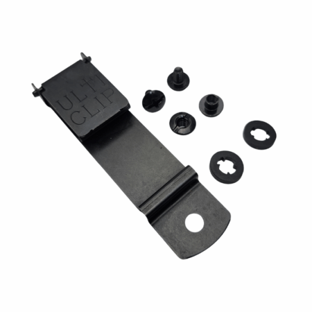 The UltiClip Classic. With two methods for mounting - screw point on the bottom, or using a retension slot.